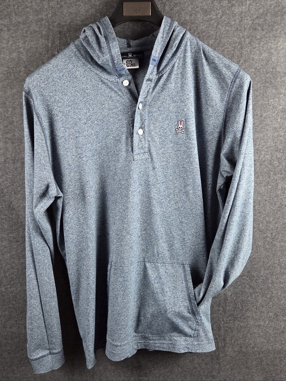 Psycho Bunny Henley Hoodie Men Large Blue Pullover Solid Pima Cotton Lightweight